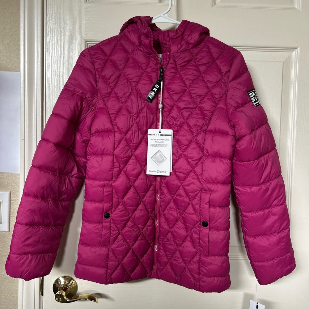 NWT DKNY SPORT KIDS Pink Puffer Quilted Jacket Coat Size L Packable